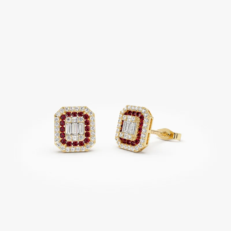 Fine triangle earrings-14k Baguette and Round Ruby Studs Halo Setting