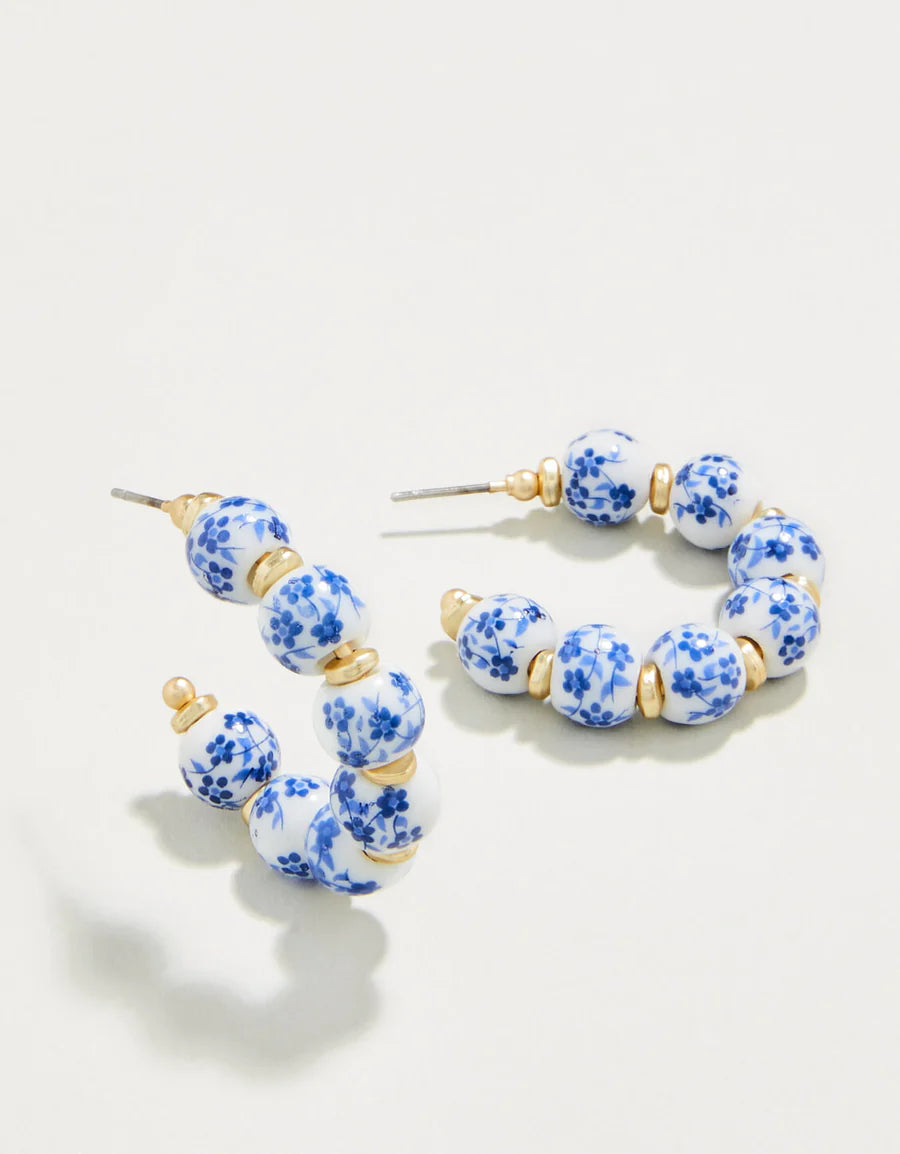 Lunar glow earrings-Annabelle Beaded Hoop Earrings Blue Flowers