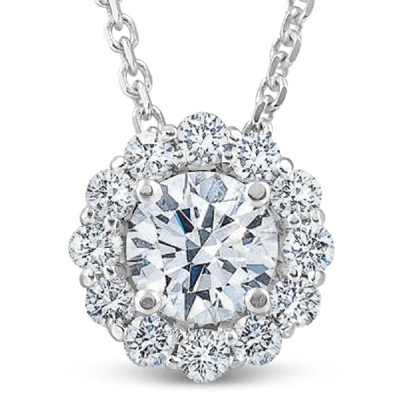 Vine weave necklaces-1 1/2 Ct Diamond (1ct center) Halo Pendant 14k White Gold Necklace