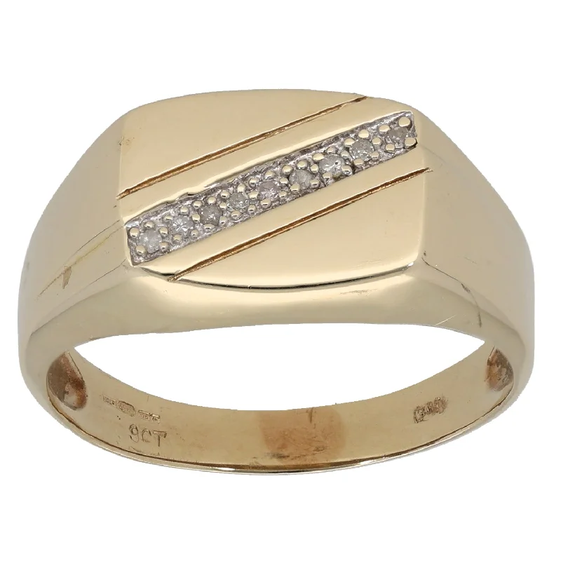 Wave shape rings-9ct Gold 0.09ct Diamond Patterned Signet Ring Size W