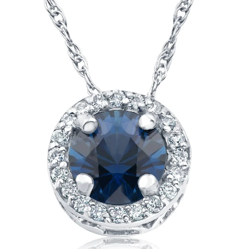 Gem weave necklaces-1/2ct Blue Sapphire & Diamond Halo Vintage Pendant 14k White Gold & 18"