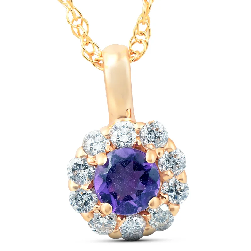 Crystal-twisted necklaces-1/2 Ct Diamond & Genuine Amethyst Halo Pendant 14k Yellow Gold Womens Necklace