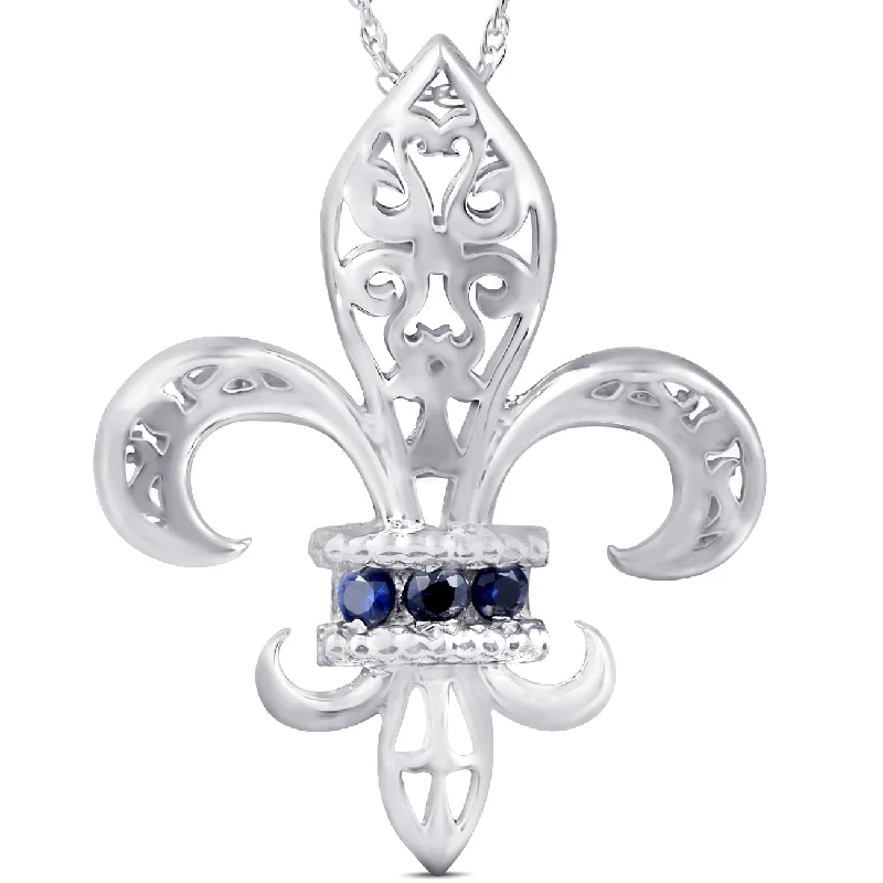 Classic locket necklaces-Blue Sapphire Vintage Fleur De Lis Pendant 10KT White Gold W/ 18" Chain 1" Tall