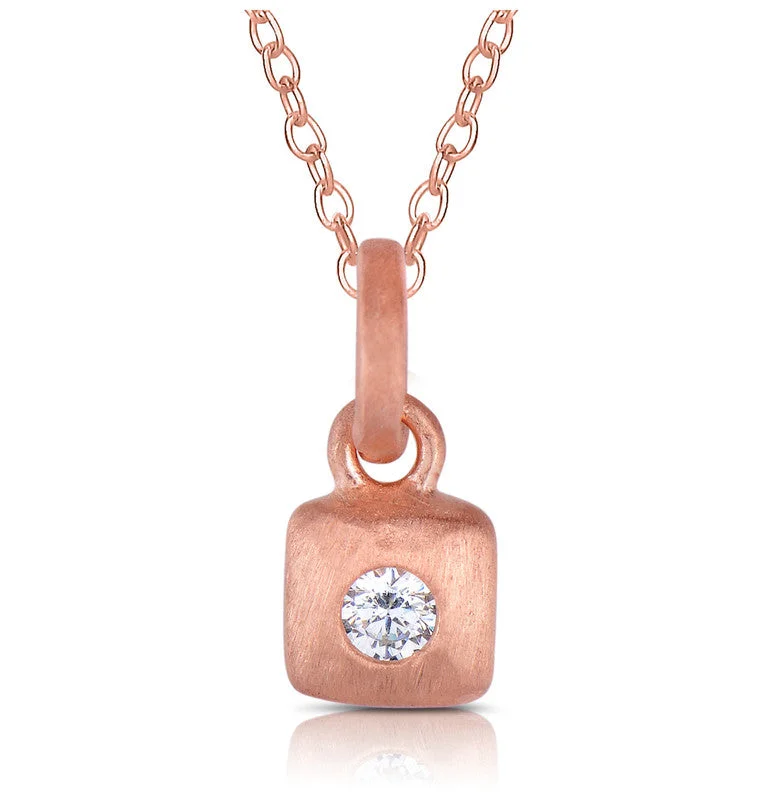 Bright gold necklaces-C.z. Sterling Silver Rose Plated Brushed Square Shape Drop Pendant