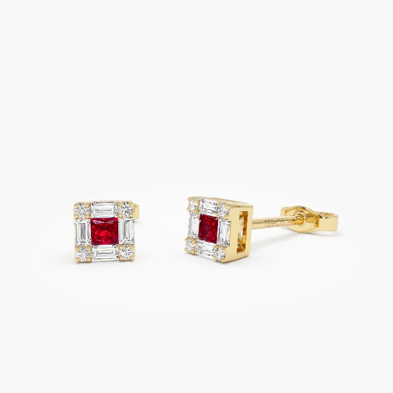 Lily motif earrings-14K Princess-Cut Ruby Stud Earrings with Diamond Halo