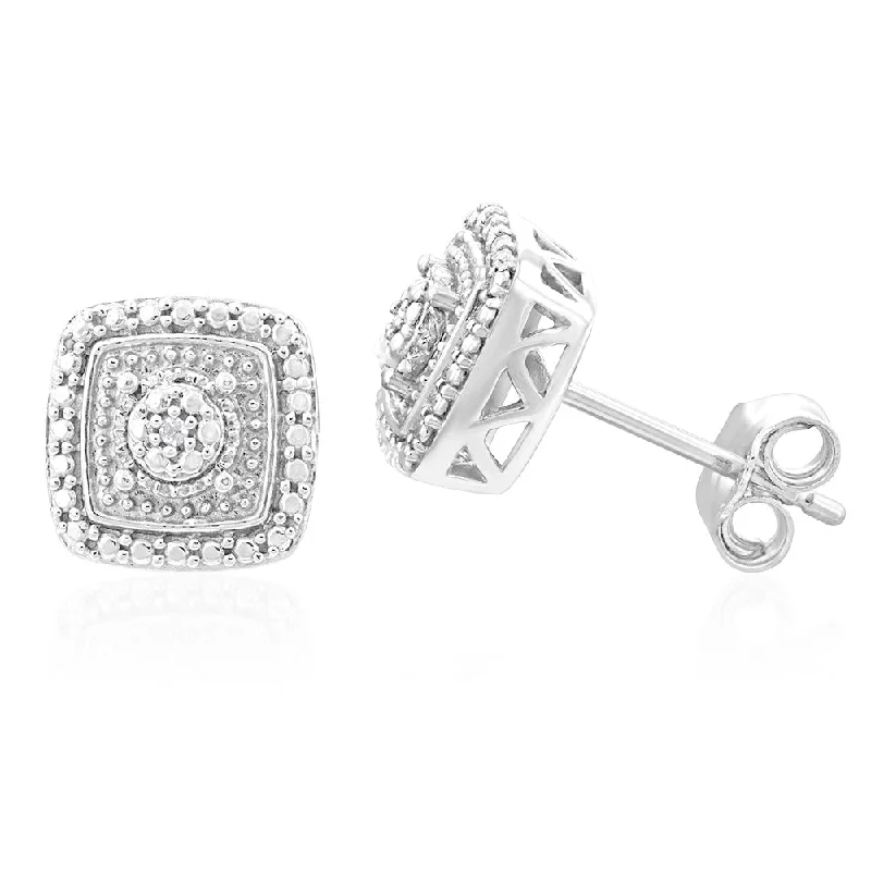 Fine texture rings-Sterling Silver With 2 Diamond Cushion Shape Earring Stud