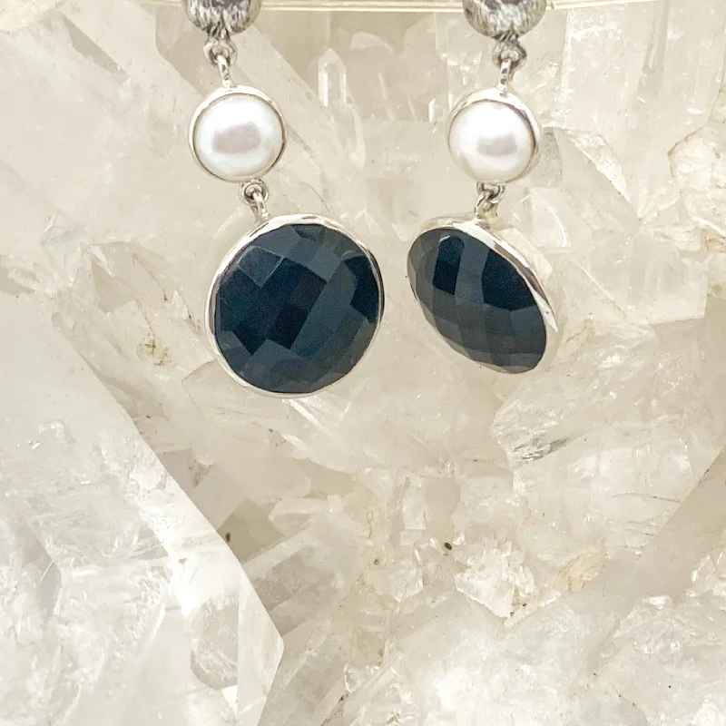 Gem weave earrings-Black Onyx Sterling Silver Stud Earrings With Pearl $160