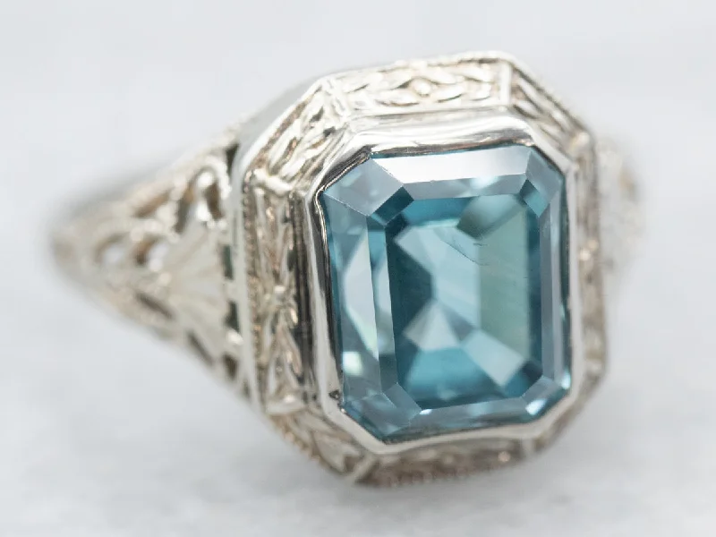 Wide band rings-Art Deco Blue Zircon Filigree Solitaire Ring