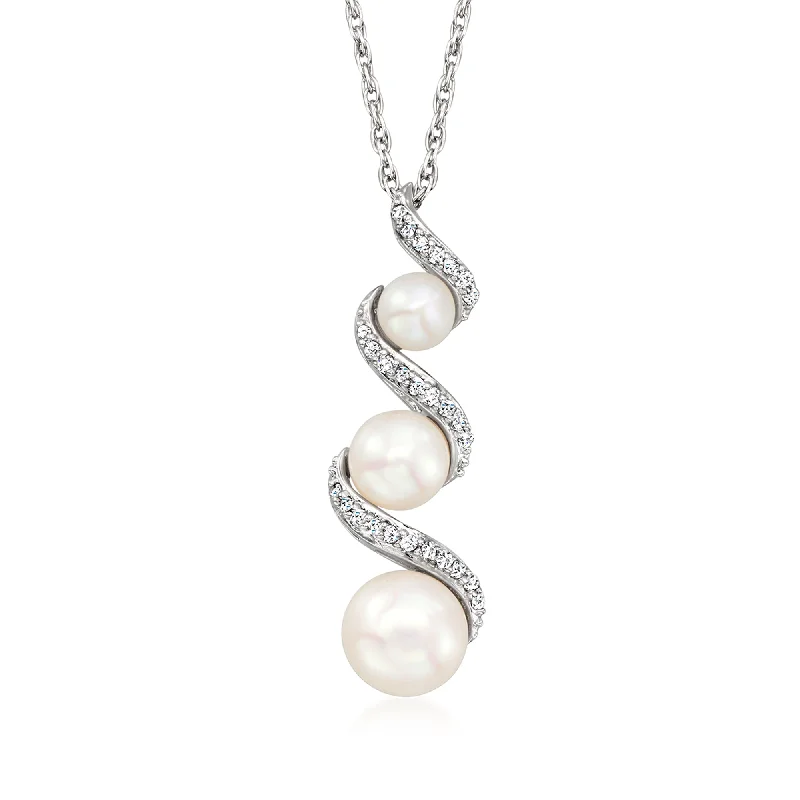 Chic art necklaces-Ross-Simons 3.5-6.5mm Cultured Pearl and . Diamond Spiral Pendant Necklace in Sterling Silver