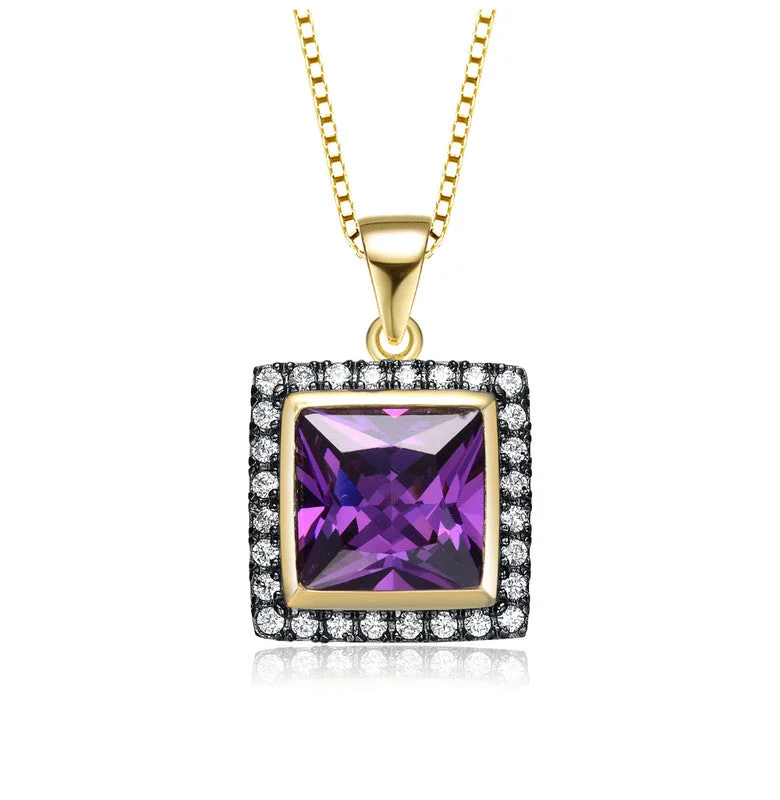 Victorian style necklaces-Yellow Gold Plated Square Purple Cubic Zirconia Pendant Necklace