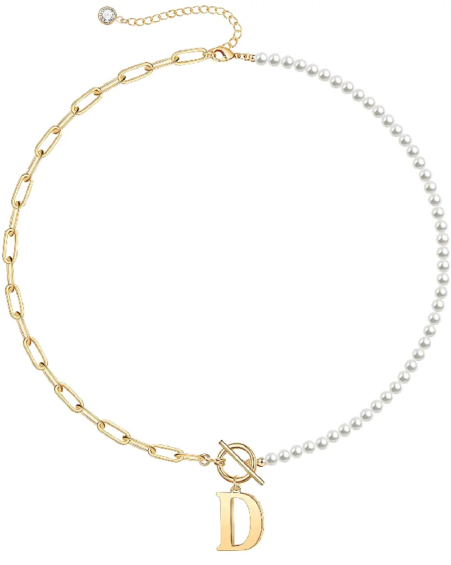 Fine enamel necklaces-Rg  14K Gold Plated Initial Pearl Link Chain Necklace