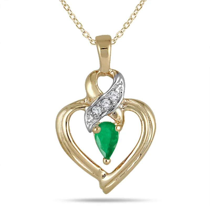 Organic woven necklaces-Pear Shaped Emerald And Diamond Ribbon Heart Pendant In 10K