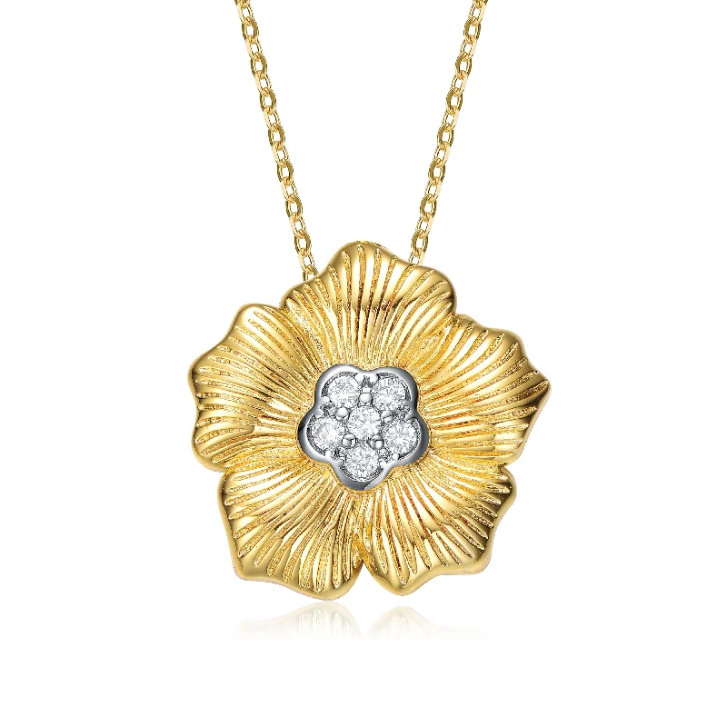 Burnished bronze necklaces-Rachel Glauber Rhodium And 14k Gold Plated Cubic Zirconia Floral Pendant