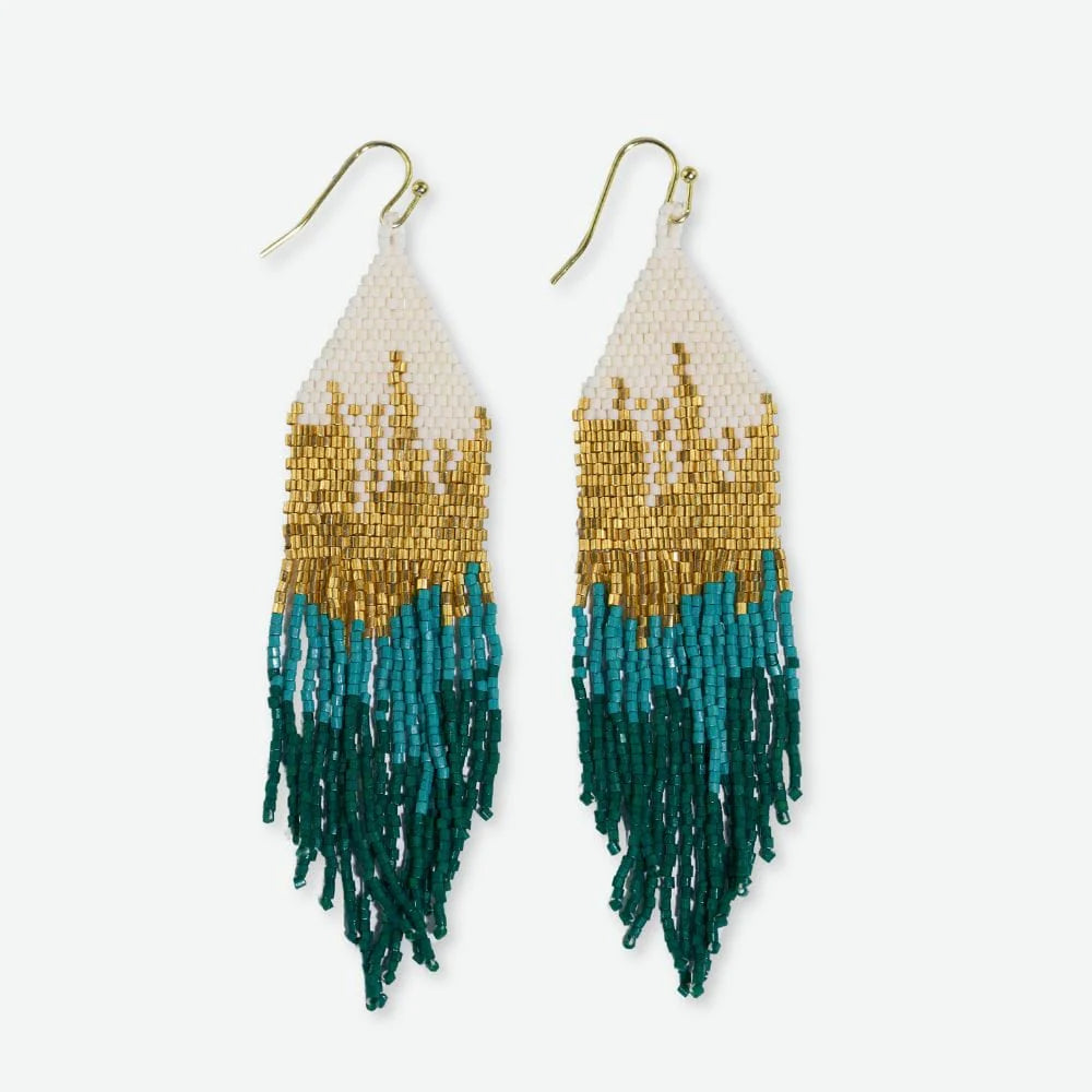 Broad hoop earrings-Claire Ombre Beaded Fringe Earrings Emerald Green