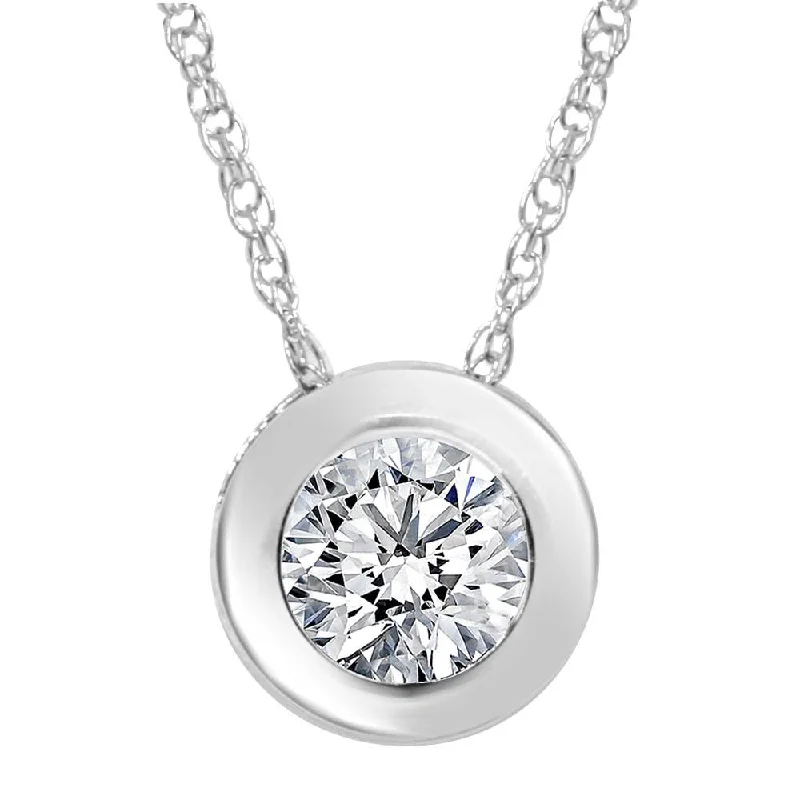 Bright bead necklaces-3/4ct  Round Bezel Solitaire Diamond Pendant Necklace 14K White Gold