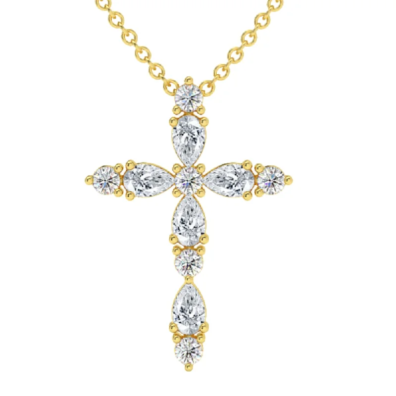 Sky sign necklaces-3/4Ct Diamond Cross Round & Pear Shape 14k Gold Necklace Lab Grown 1" Tall