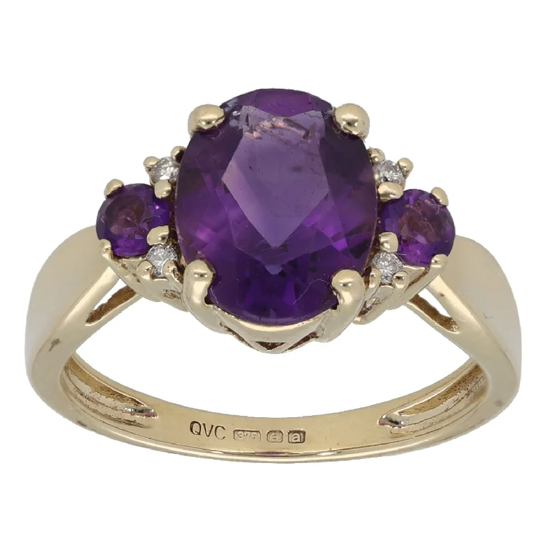 Oval gem rings-9ct Gold Amethyst & 0.04ct Diamond Dress/Cocktail Ring Size M