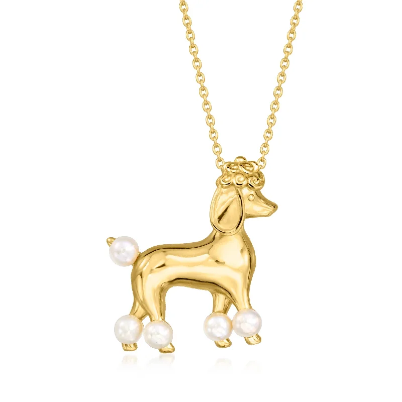 Fern design necklaces-Ross-Simons 3.5-4mm Cultured Pearl Poodle Pin/Pendant Necklace in 18kt Gold Over Sterling