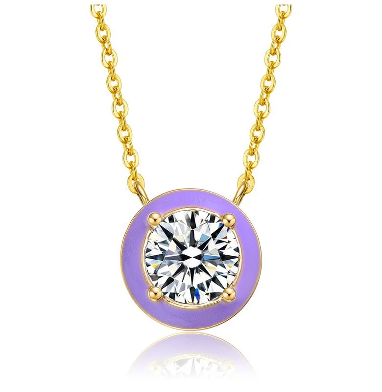 Cebu style necklaces-14k Yellow Gold Plated with Clear Cubic Zirconia Purple Enamel Round pendant Necklace