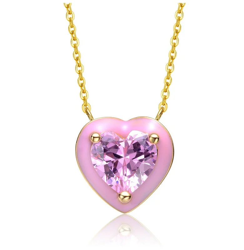 Braided link necklaces-Young Adults/Teens 14k Yellow Gold Plated with Pink Cubic Zirconia Pink Enamel Heart Pendant Necklace