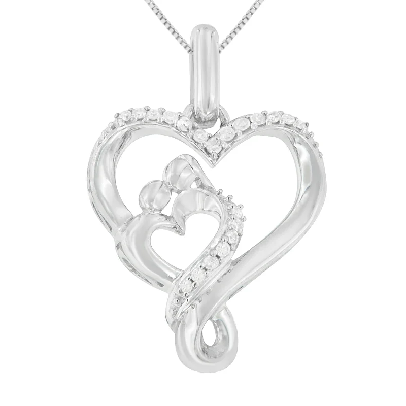 Aged medallion necklaces-.925 Sterling Silver 1/10 cttw Diamond Mother & Child Double Open Heart 18" Pendant Necklace