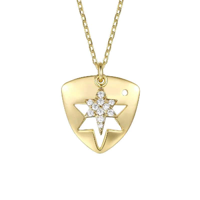 Soft yarn necklaces-Rg 14k Gold Plated with Diamond Cubic Zirconia Laser-Cut 6-Pointed Star Triangle Shield Double Pendant Charm Necklace