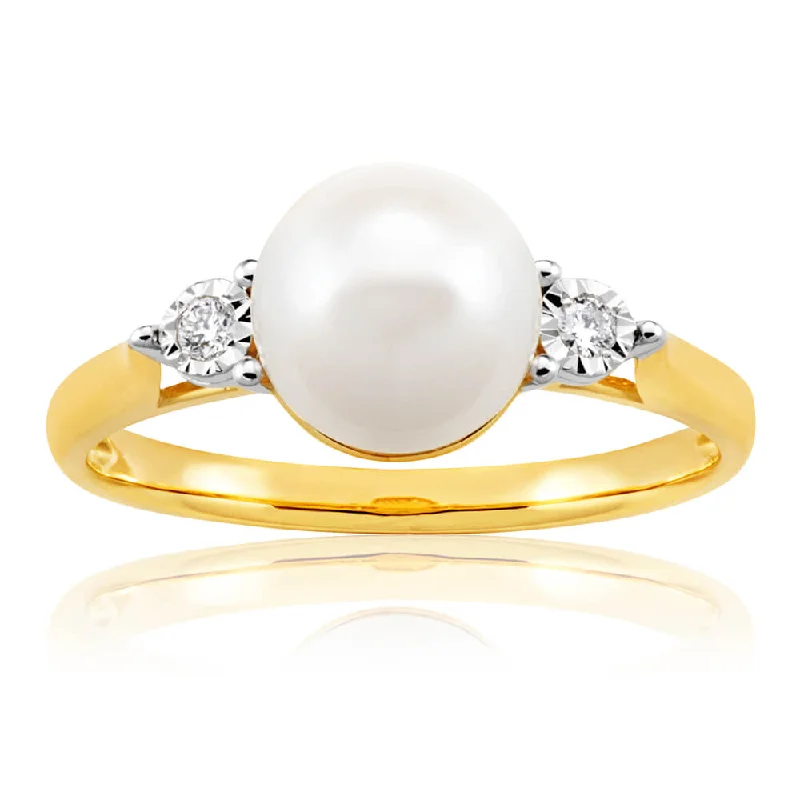 Crystal-twisted rings-9ct Yellow Gold Magnificent 2 Diamonds + Pearl Ring