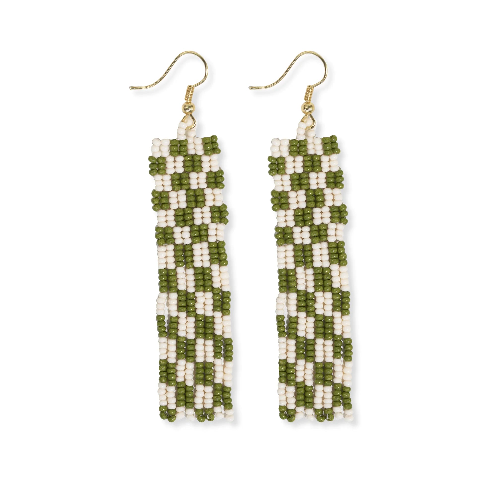 Sleek hoop earrings-Harriet Woven Top Gingham Beaded Fringe Earrings Avocado