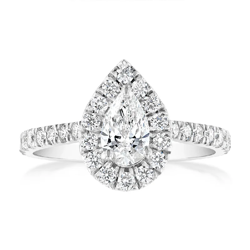 Surf theme rings-Luminesce Lab Grown 9ct White Gold 1 Carat Diamond Halo Solitaire Ring with Pear Centre Diamond