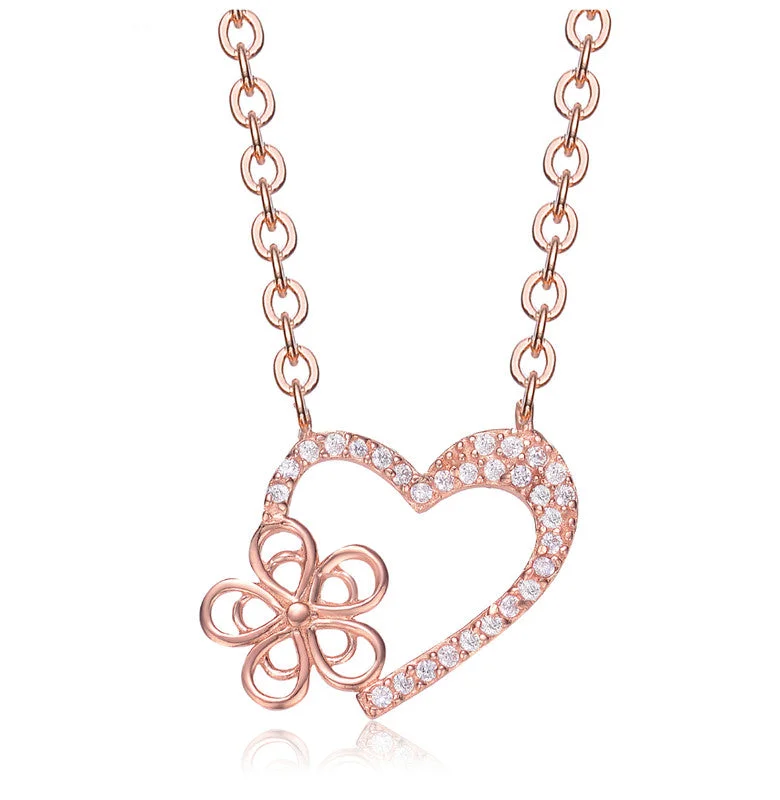 Twisted tribal necklaces-Rose-plated Sterling Silver Cubic Zirconia Heart And Flower Shape Necklace