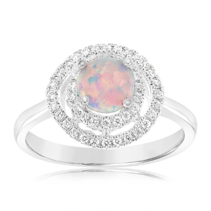 Loop band rings-Sterling Silver Cubic Zirconia Created Opal Round Ring