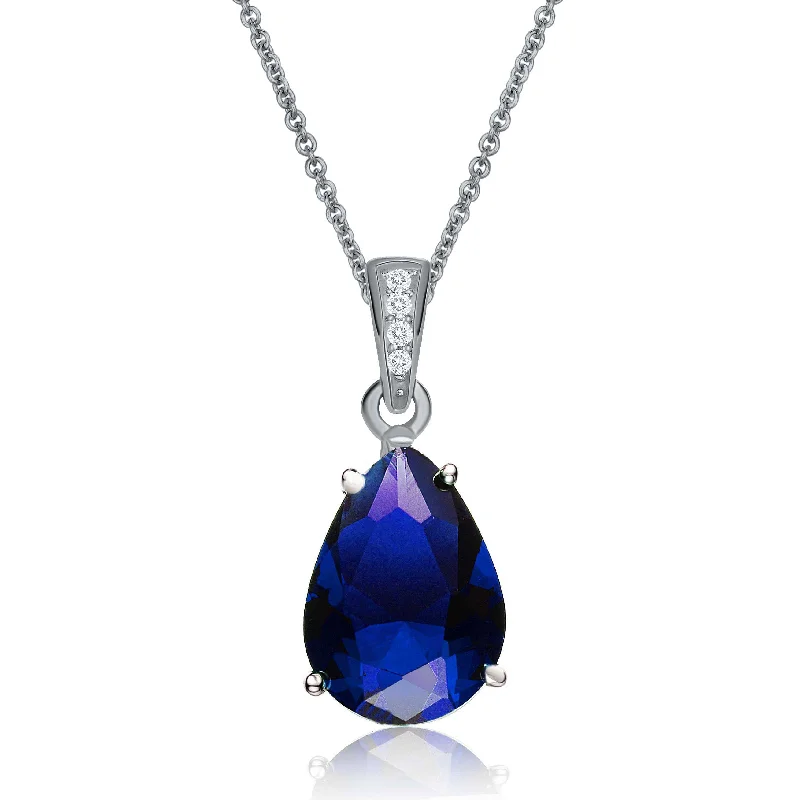 Floating stone necklaces-Sterling Silver Blue Cubic Zirconia Pear Drop Solitaire Necklace