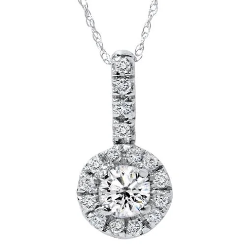 Luxe diamond necklaces-White Gold 3/4ct Diamond Pave Halo Solitaire Diamond Pendant