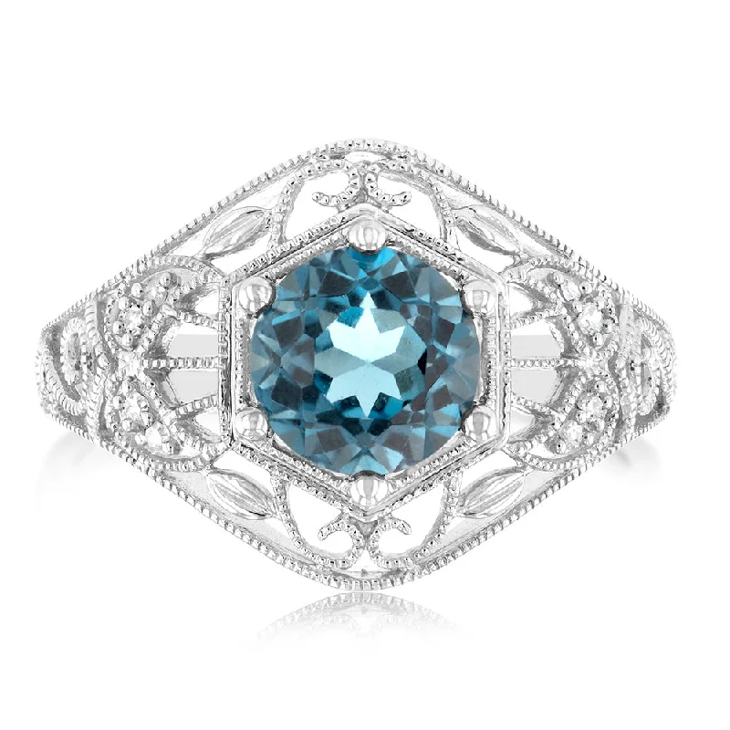 Old deco rings-1.5Ct London Blue Topaz Ring with 8 Diamonds in Sterling Silver