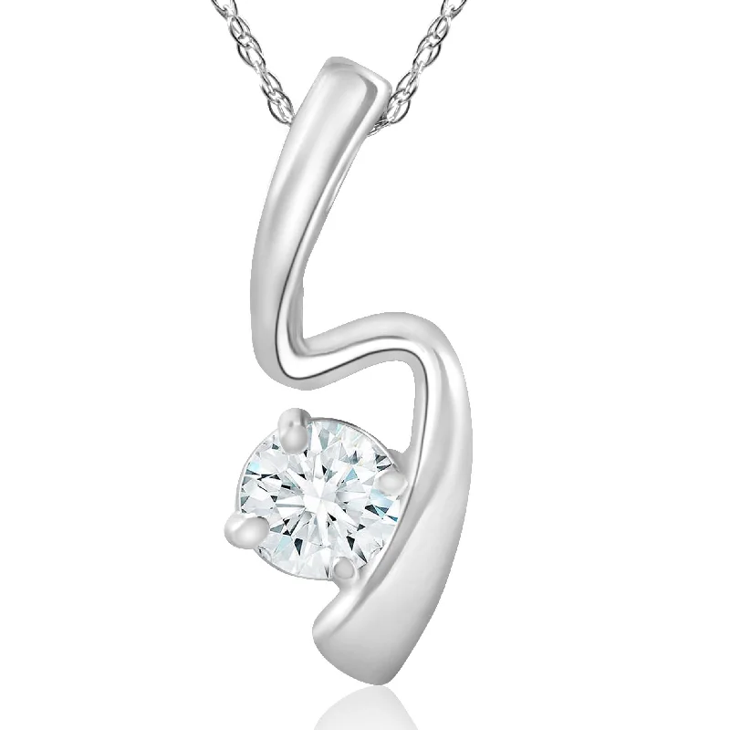 Wide bib necklaces-1/2 ct Solitaire Round Diamond 14k White Gold Curve Pendant & 18" Chain