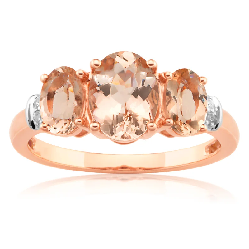 Oval gem rings-9ct Rose Gold Morganite 1.98CT & Diamond 0.025CT Trilogy Ring