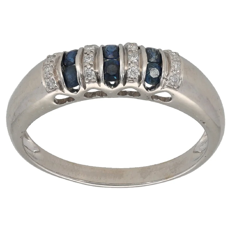 Bow knot rings-9ct White Gold Sapphire & 0.16ct Diamond Half Eternity Ring Size R