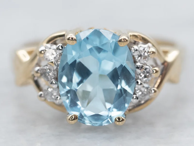 Tiny dot rings-Yellow Gold Blue Topaz Ring with Diamond Accents