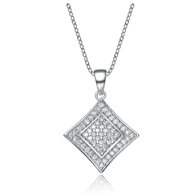 Raised bar necklaces-Gv C.z. Sterling Silver Rhodium Plated Square Shape Drop Pendant