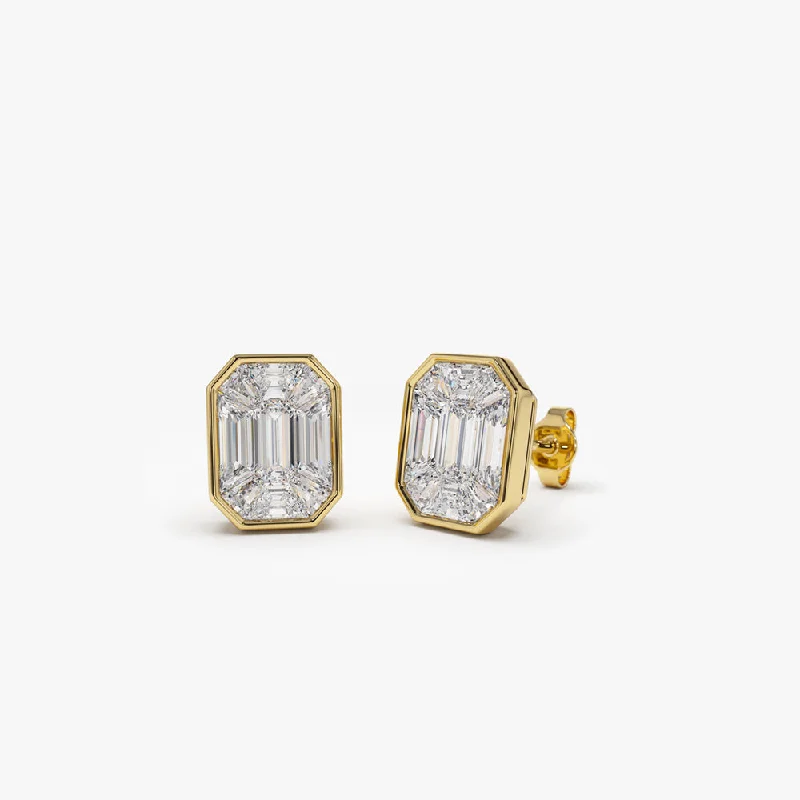 Square stud earrings-14k Illusion Setting Step Cut Mosaic Diamond Studs