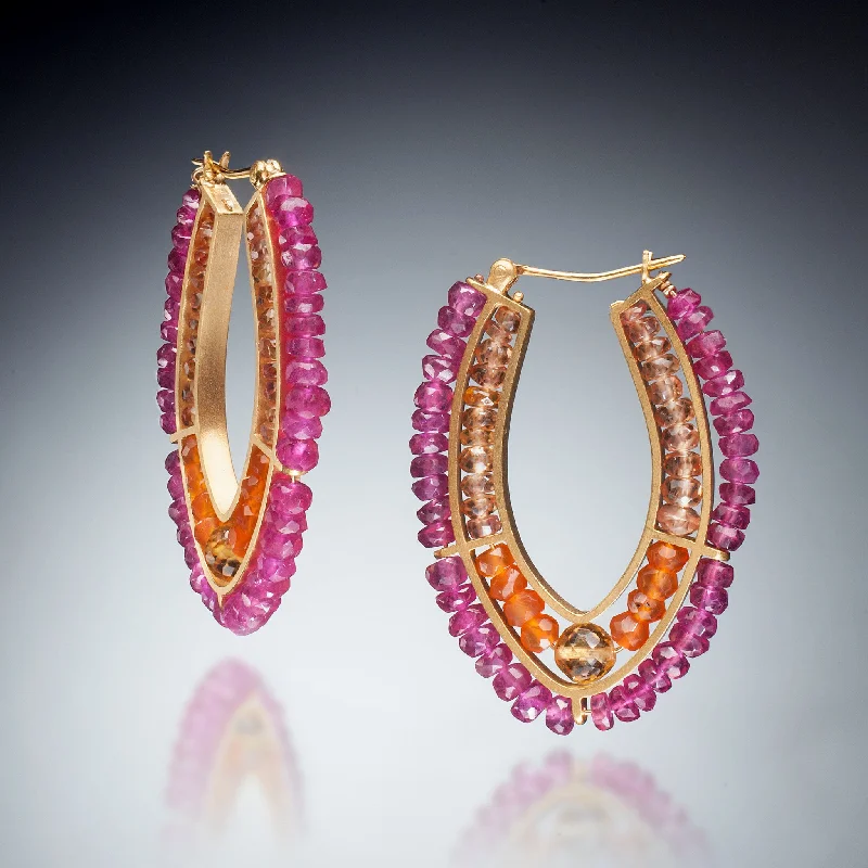 Bold cuff earrings-Gemstone double Hoop Earrings (gold red)