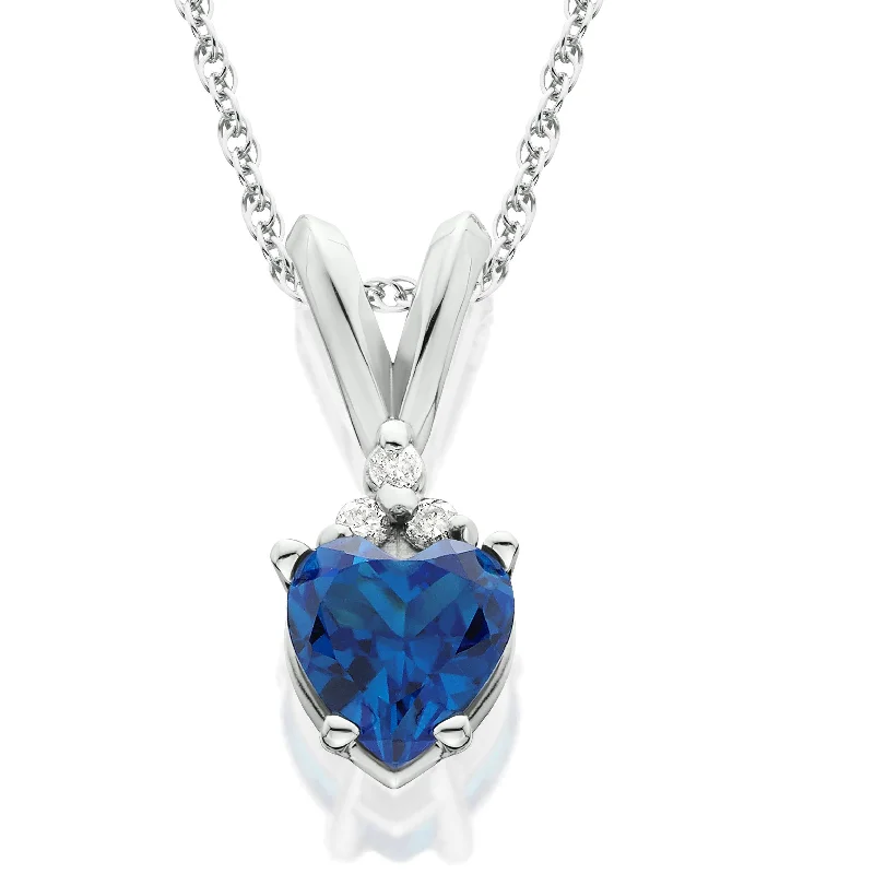 Fine beaded necklaces-1/2ct Diamond & Simulated Blue Sapphire Heart Pendant 14K White Gold