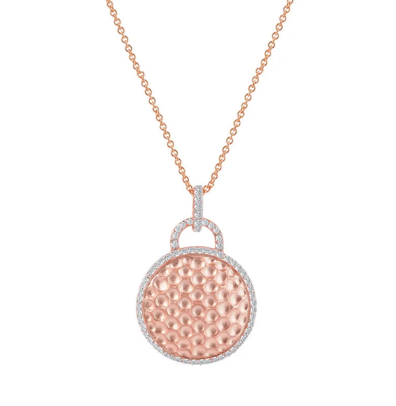 Fine enamel necklaces-C.z. Sterling Silver Rose Plated Round Hammered Drop Pendant