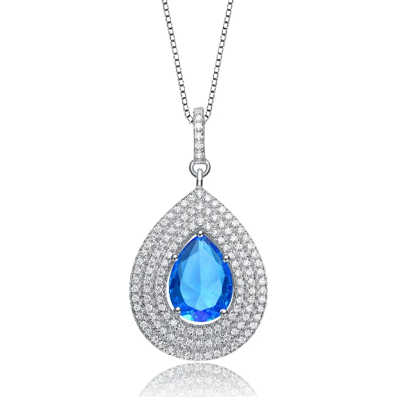 Patina silver necklaces-Sterling Silver Light Blue Oval Teardrop White Cubic Zirconia Pendant