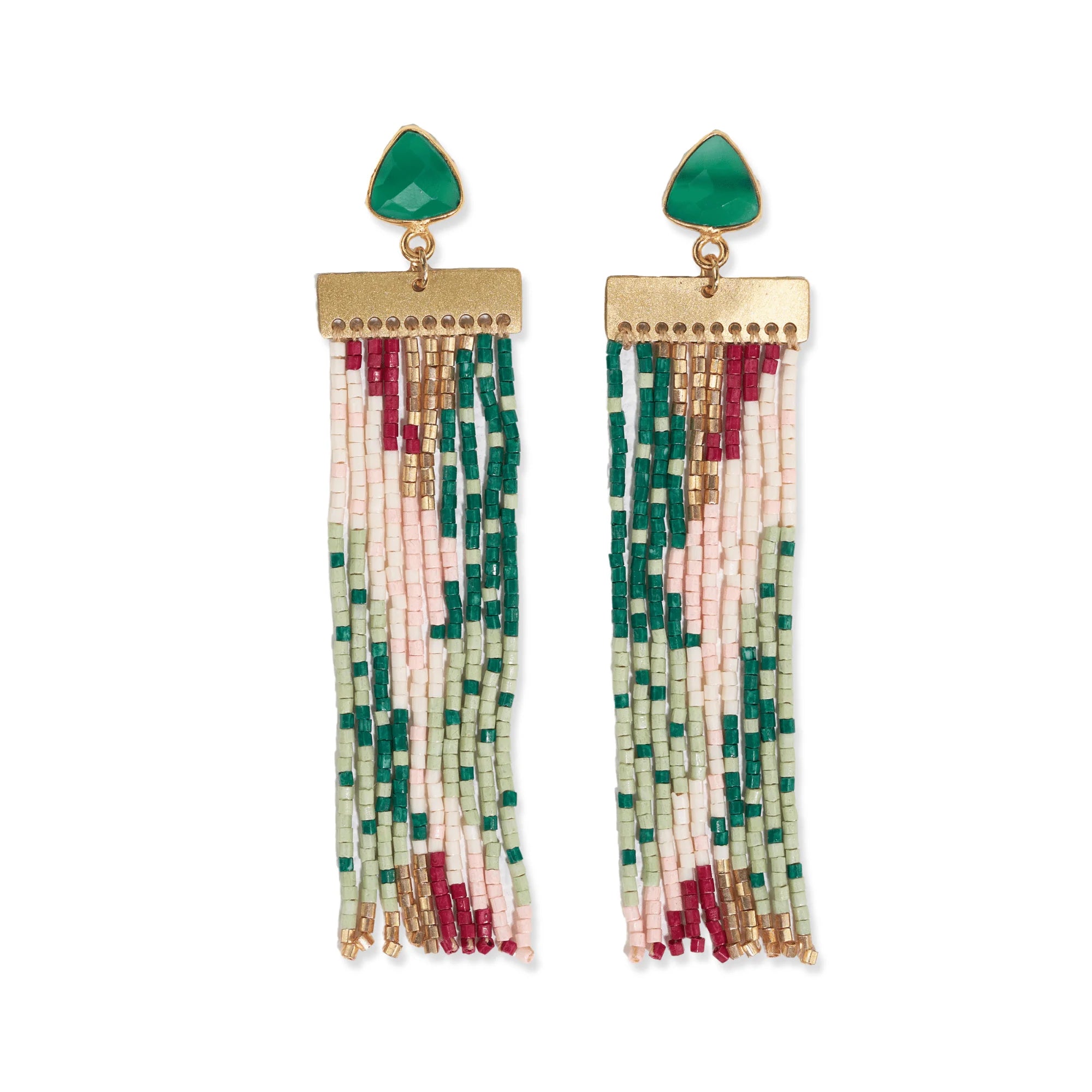 Fine triangle earrings-Stone Post With Organic Shapes Beaded Fringe Earrings