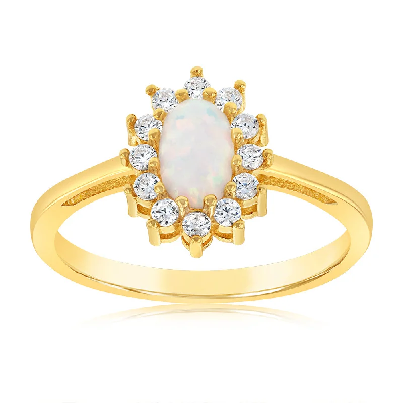 Large stone rings-9ct Yellow Gold Cubic Zirconia And Created Opal Oval Flower Ring