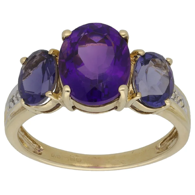 Bare frame rings-9ct Gold Amethyst & Iolite & 0.02ct Diamond Dress/Cocktail Ring Size P