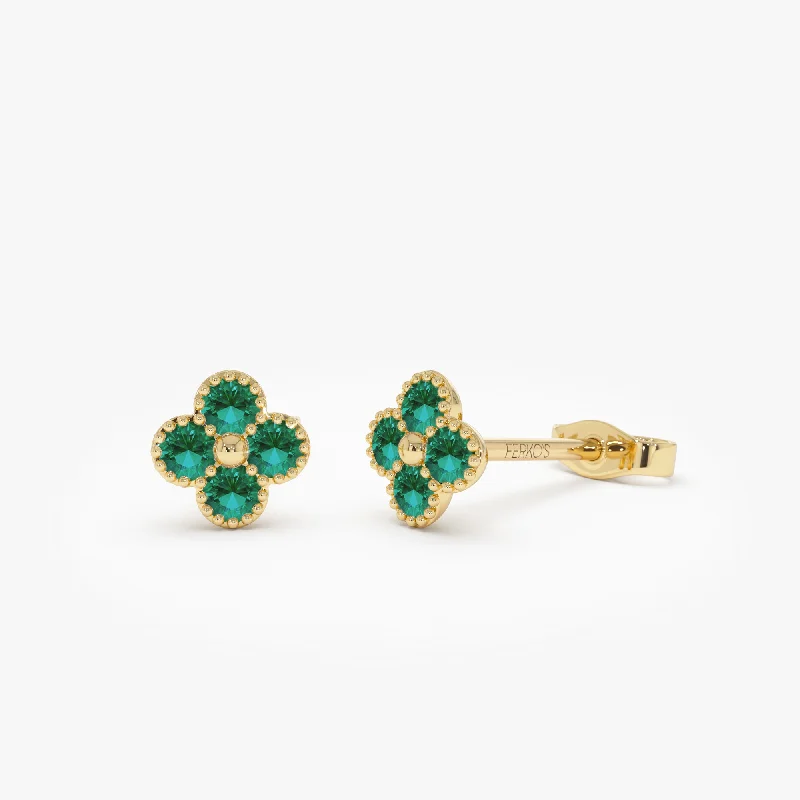 Morganite earrings-14k Emerald Clover Beaded Studs