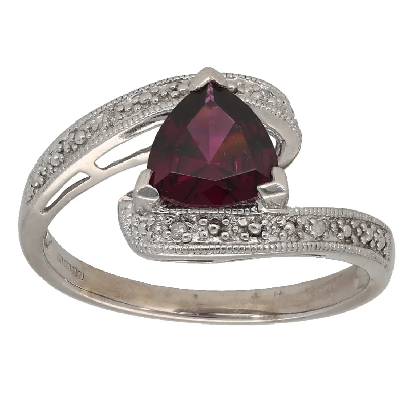 Gloss finish rings-9ct White Gold Garnet & 0.02ct Diamond Dress/Cocktail Ring Size N