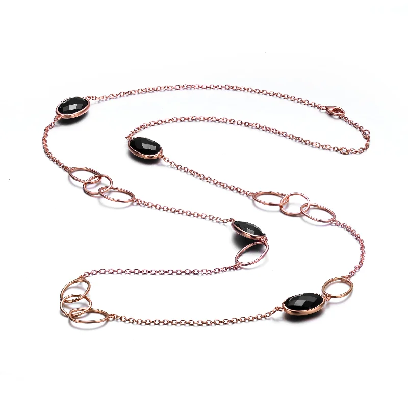 Flexible thread necklaces-GENEVIVE Sterling Silver Rose Gold Plated Black Cubic Zirconia Station Necklace